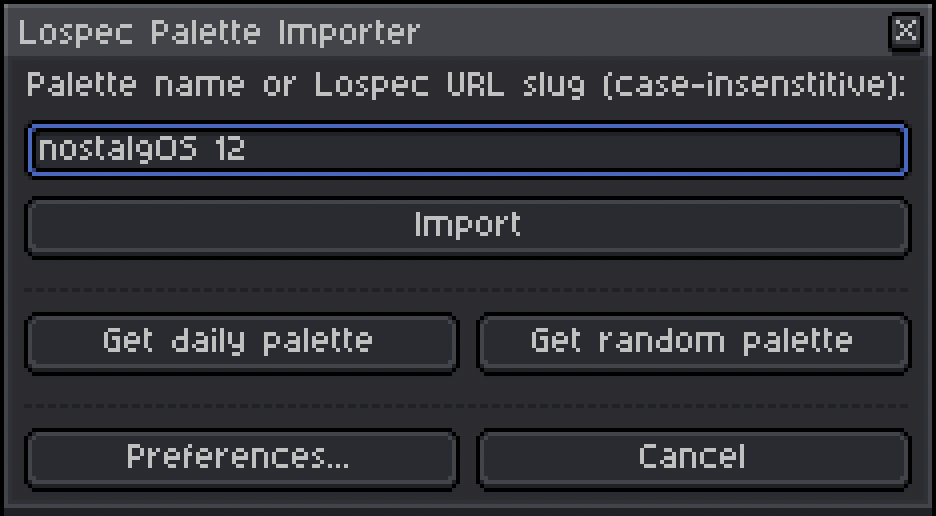 Lospec Palette Importer 調色盤搜尋與匯入視窗（來源：itch.io / sudo whoami）