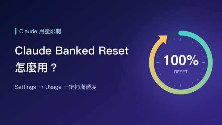 Claude banked reset 封面：環形用量表從耗盡重新補滿到 100%