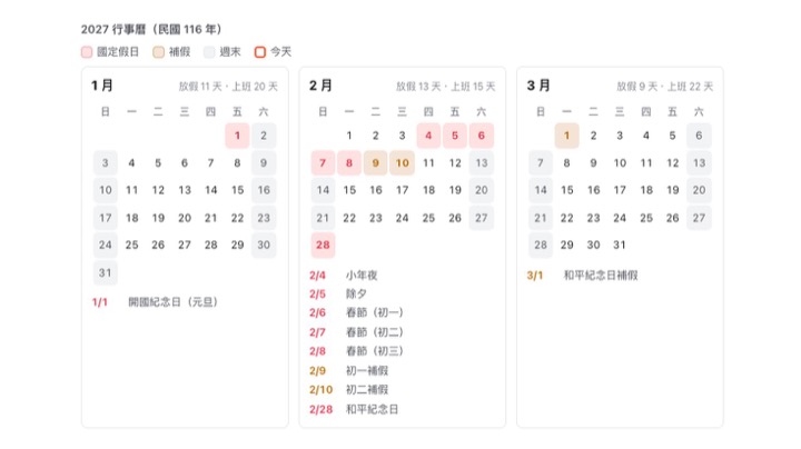2027 行事曆 1 到 3 月:元旦、春節連假與和平紀念日補假