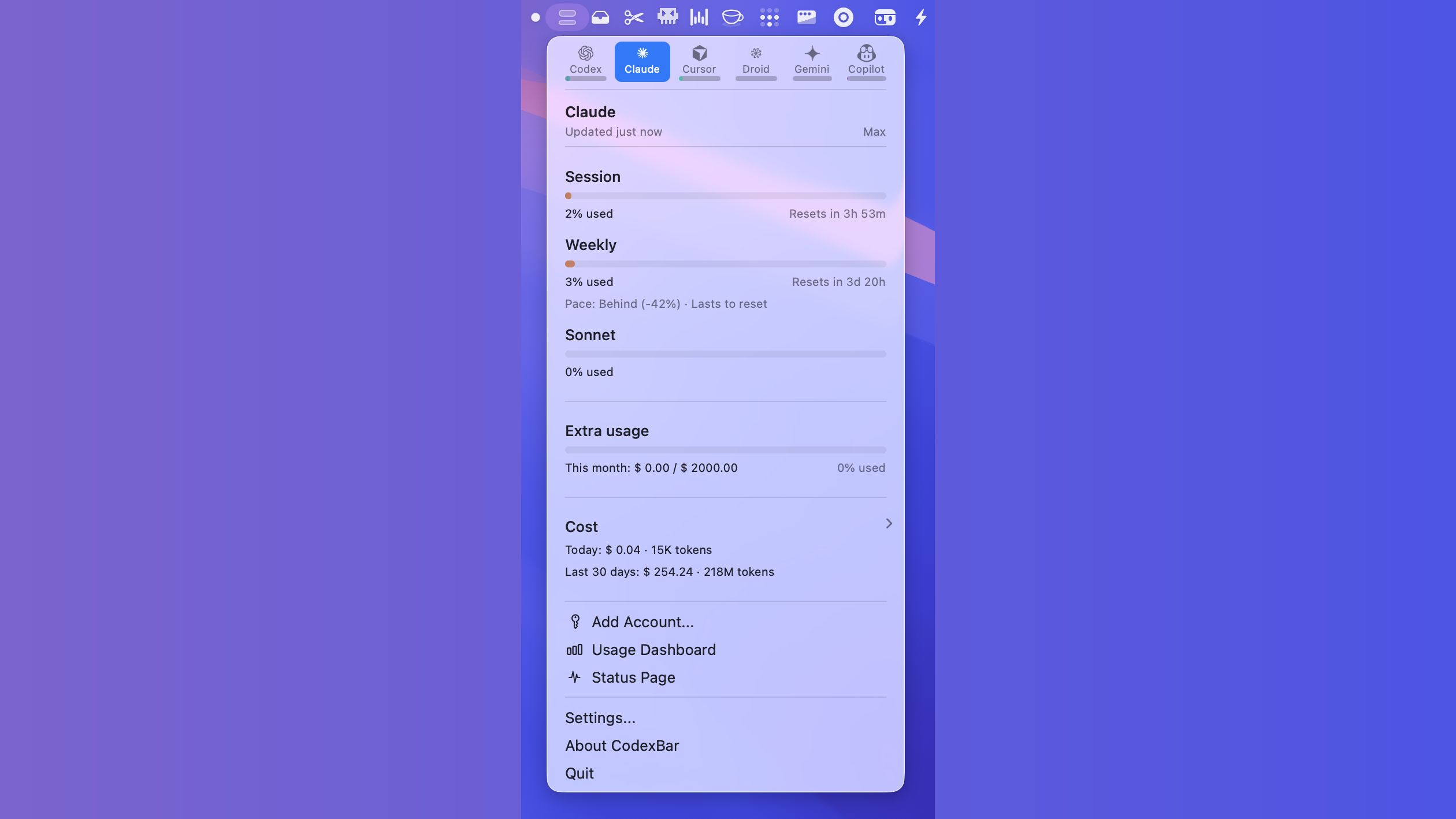 CodexBar showing Claude and Codex session and weekly usage