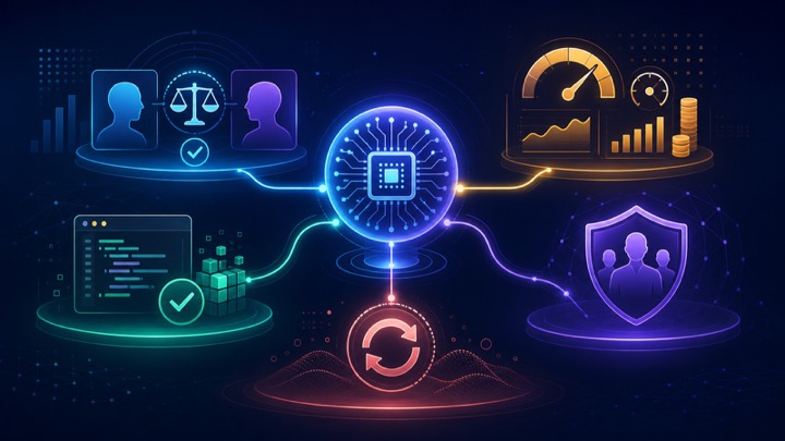 Five AI evaluation methods connected to a central processor