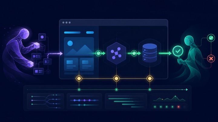 A technical illustration of an AI-era E2E acceptance system connecting a product build, fixed tests, AI exploration, and test records