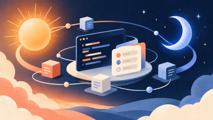 Editorial illustration of GPT-6 Sol and Luna represented by sunlight, moonlight, and connected AI workflows