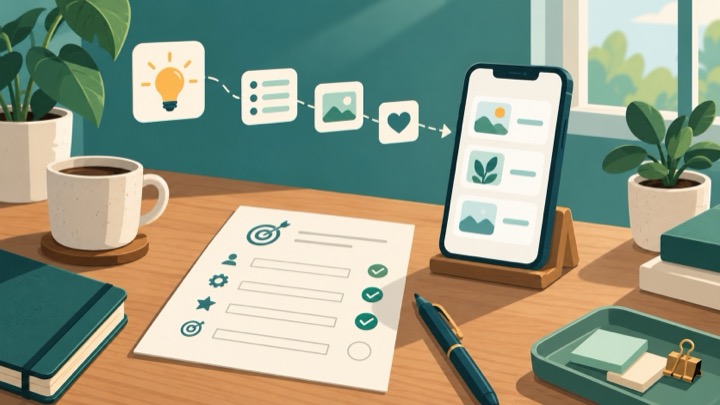 A phone with a reading list, a product brief, and small planning cards on a desk