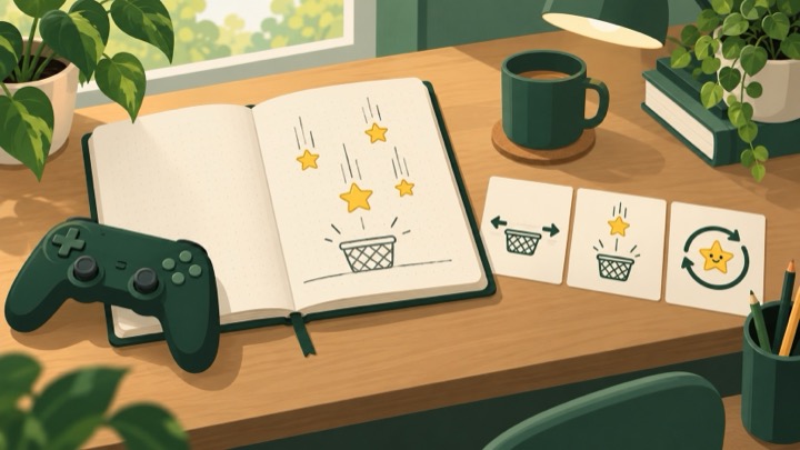 A game design notebook showing falling stars and a basket, beside a controller and planning cards