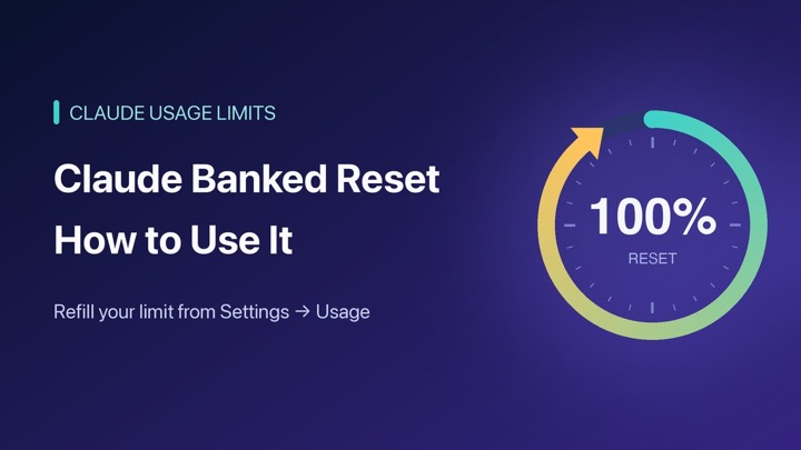 Claude banked reset cover: a circular usage gauge refilling to 100%