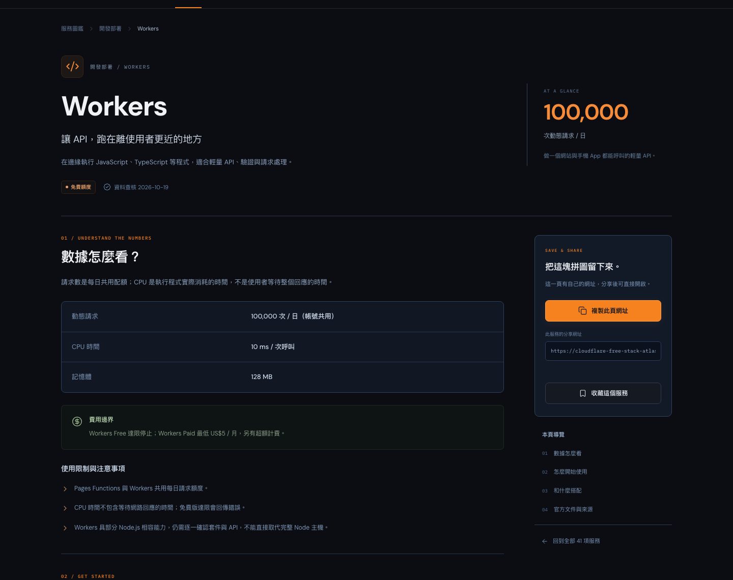 Workers service page with an explanation of the numbers, a free allowance table, billing notes, and usage limits