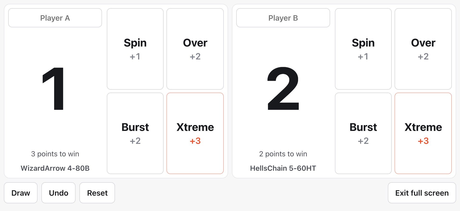 BEYBLADE X 3on3 full-screen scoring with the currently selected Bey names and large buttons
